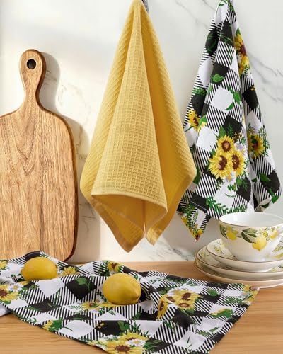 Miss Adola 3pcs 270GSM Cotton Kitchen Towels, Plaid Sunflower - Image 5