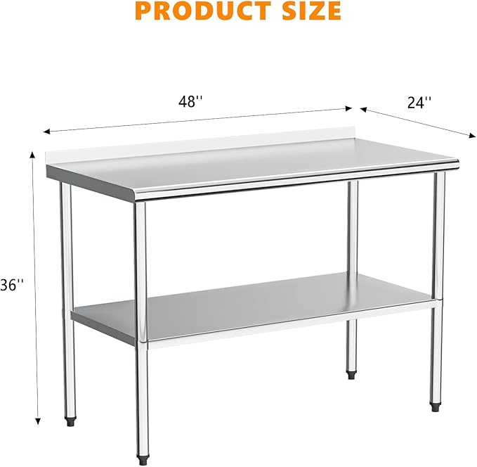 ROVSUN 60'' x 24'' Stainless Steel Table for Prep & Work,Commercial Worktables & Workstations, NSF Heavy Duty Metal Table with Adjustable UnderShelf & Backsplash for Kitchen,Restaurant,Home,Hotel