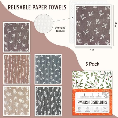Swedish Dishcloths for Kitchen, 5 Pack Reusable Paper Towels Washable, Super - Image 2