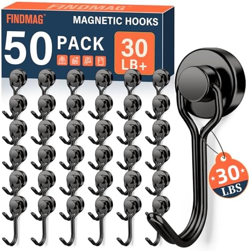 FINDMAG 50 Pack Black Magnet Hooks, 30LB+ Magnetic Hooks by FINDMAG