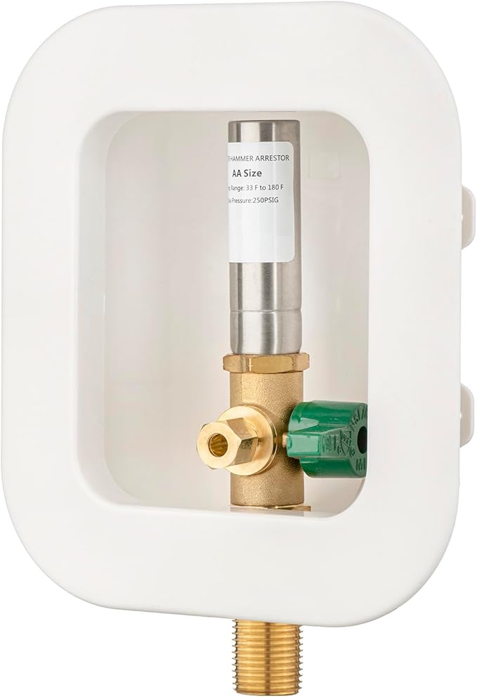(1 Pack) Lidertik 1/2 inch Sweat Thread Pre-Assembled Ice Maker Outlet Box Valve 1/4 inch Recessed Refrigerator Water Line Wall Box with Shut Off Valve and Stainless Steel Water Hammer Arrestor 611-LK