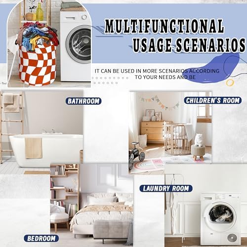 Orange Checkerboard Laundry Basket Oxford Cloth Foldable Hamper 18.9x16.5In - Image 5