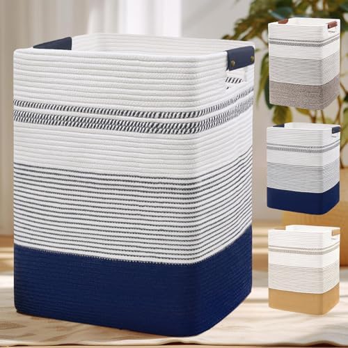 DOFASAYI Laundry Hamper, 85L Cotton Rope Laundry Basket, Dark Blue & White by DOFASAYI