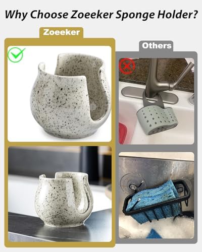 Zoeeker Sponge Holder for Kitchen Sink, Ceramic Dish Sponge Rack Sink Caddy - Image 4