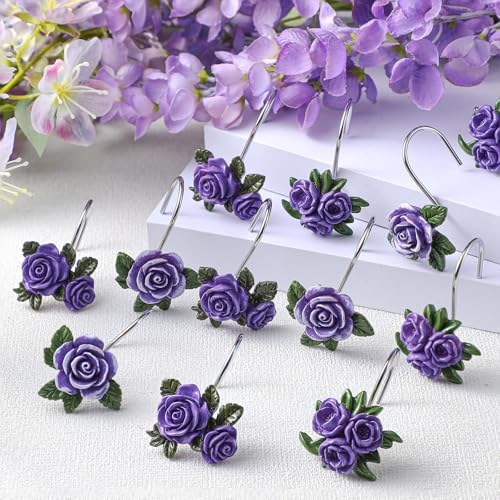 Amyhill 12 Pcs Purple Rose Shower Curtain Hooks Cute Purple Rose Decorative - Image 3