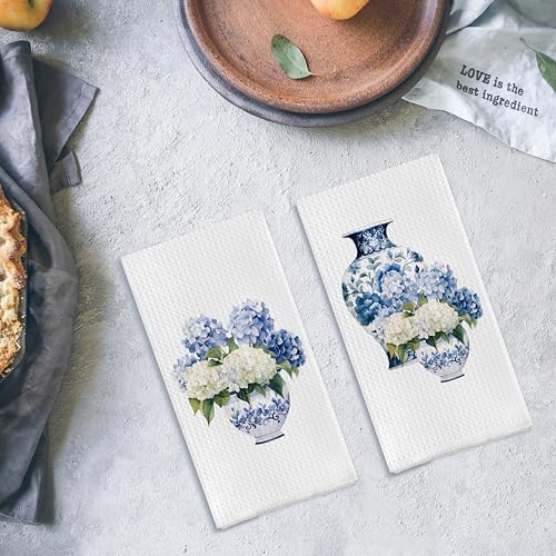 Blue and White Porcelain Chinoiserie Kitchen Towels Set of 2, Hydrangea Floral - Image 4