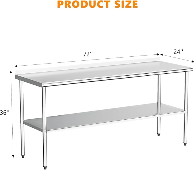 ROVSUN 72'' x 24'' Stainless Steel Table for Prep & Work,Commercial Worktables & Workstations,Heavy Dut Metal Table with Adjustable UnderShelf & Backsplash for Kitchen, Restaurant,Home,Hotel
