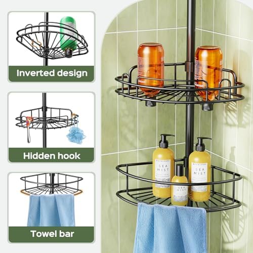 HAMITOR Corner Shower Shelves, 4-Tier AdjustableTension Caddy - Image 5