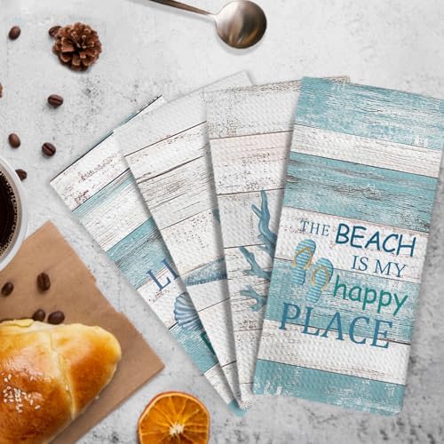 Coastal Beach Kitchen Towels and Dishcloths Set of 4, Life is Better at The - Image 3