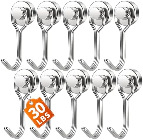 FINDMAG 10 Pack Silver Magnet Hooks, 30LB+ Magnetic Hooks by FINDMAG