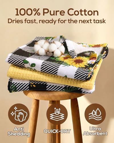 Miss Adola 3pcs 270GSM Cotton Kitchen Towels, Plaid Sunflower - Image 3