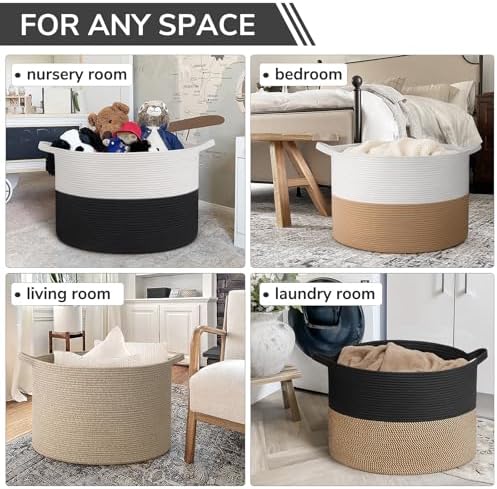 INDRESSME 115L Extra Large Woven Rope Blanket Basket Living Room WhiteBlack - Image 4