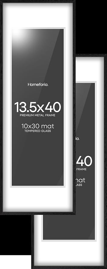 Homeforia 13.5x40 Black Wood Picture Frame, High End Oak 13.5x40 Panoramic Poster Frames with Mat 10x30 Art, 13.5 x 40 Wooden Frame Matted to 10 x 30, 40x13.5 Frame, Tempered Glass, Wall Kit, Set of 2