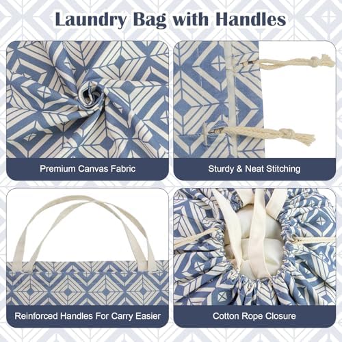 Canvas Laundry Bag with Handles & Drawstring, XL 33"Wx 35"H, Geometry Blue - Image 5