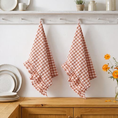 HunnmingRe 2 Pcs Orange Gingham Kitchen Towels Cotton Ruffled - Image 6