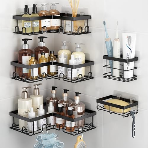 Liuoud Corner Shower Caddy 5 Pack Adhesive Stainless Steel Organizer Black by Liuoud