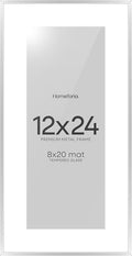 Homeforia 12 x 24 Picture Frame Silver, High End Metal 12x24 Poster Frames with Mat 8x20 Photo, 12 x 24 Silver Frames Matted to 8 x 20 Print, 24by12 Panoramic Frame, Tempered Glass, Wall Kit, Set of 1