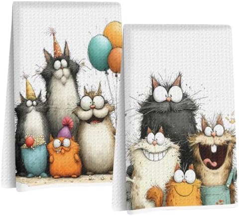 2 Pcs Cute Cat Kitchen Towels, Funny Cats Gifts Absorbent Hand Towels-05 by Jztco