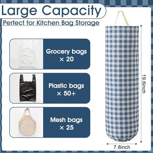 Gingham Plastic Bag Holder for Grocery Bag, Dusty Blue - Image 2