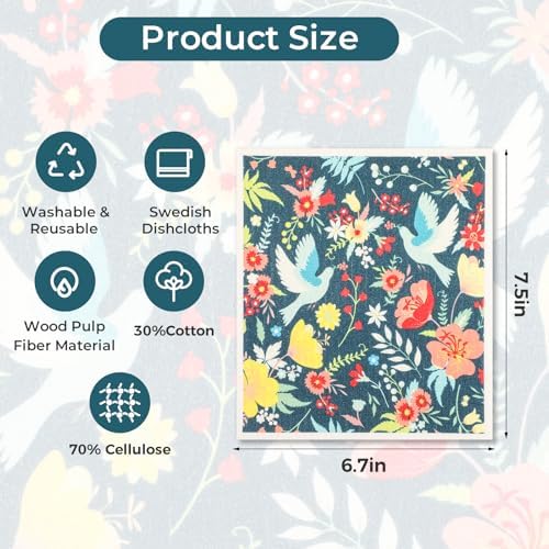 wlich 5 Pack Swedish Dishcloths, Reusable Kitchen Towels, Birds Flowers - Image 3