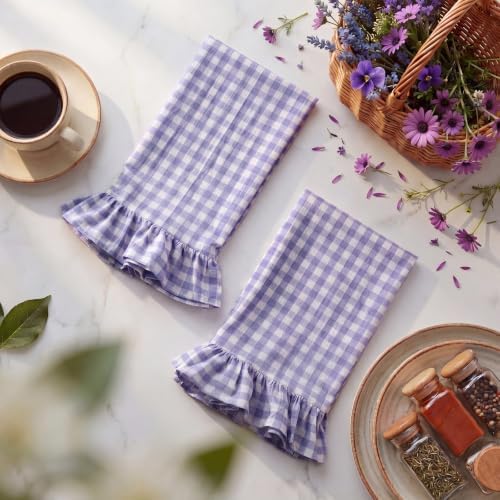 HunnmingRe 2 Pcs Purple Gingham Kitchen Towels Cotton Ruffled - Image 3
