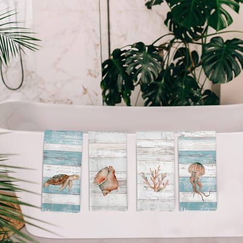 Beach Coastal Kitchen Towels and Dishcloths Set of 4, Lake House Beachy - Image 5