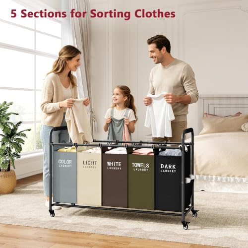 Tajsoon 5 Bag Laundry Sorter Cart, Laundry Hamper 5 Section, 5 Colors - Image 2