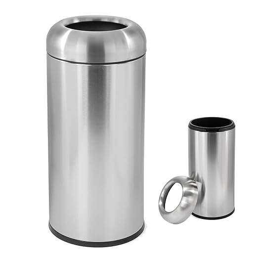 WICHEMI 16 Gallon Commercial Large Trash Can, Bullet Outdoor Trash Bin with Open Top Lid, Brushed Stainless Steel Garbage Can, Bright Silver