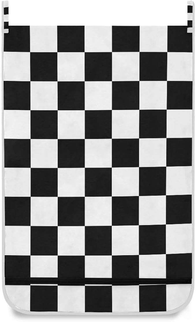 Checkered Black and White Hanging Laundry Hamper Door Hampers Bag Basket - Image 2