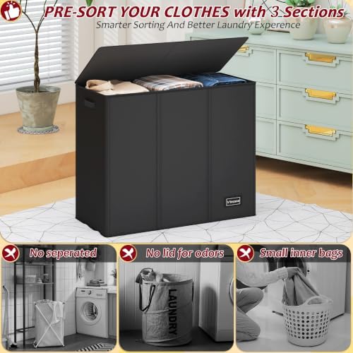 175L Laundry Hamper 3 Section, Large Laundry Hamper - Image 3