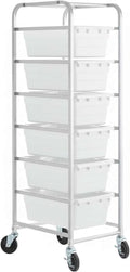 19"x26"x69" Mobile Aluminum Lug Rack with 6 White Meat Lugs/Tote Boxes - NSF Heavy-Duty Commercial Portable Storage Cart with 5" Casters, 400 lb., Food Prep and Dishroom Durable Utility Rack