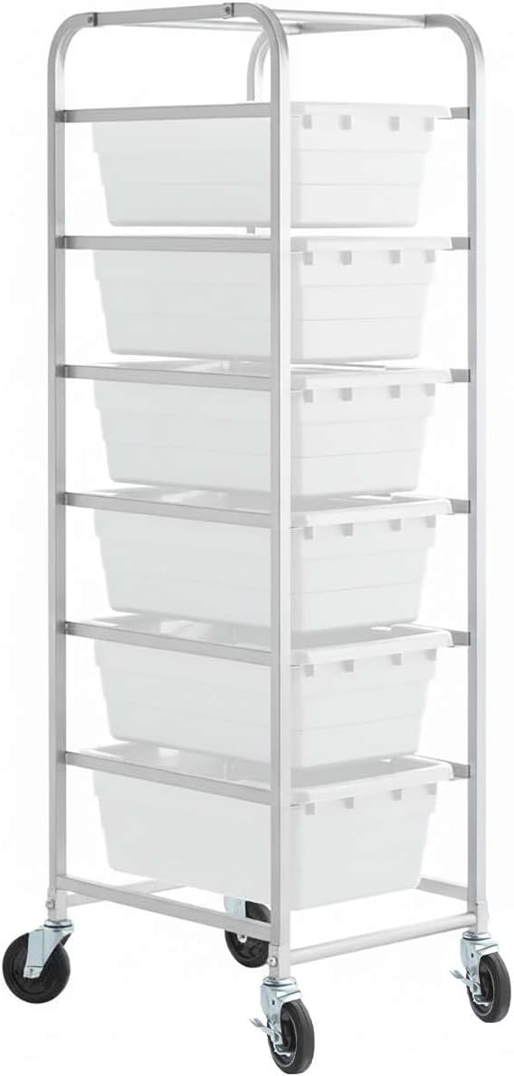 19"x26"x69" Mobile Aluminum Lug Rack with 6 White Meat Lugs/Tote Boxes - NSF Heavy-Duty Commercial Portable Storage Cart with 5" Casters, 400 lb., Food Prep and Dishroom Durable Utility Rack