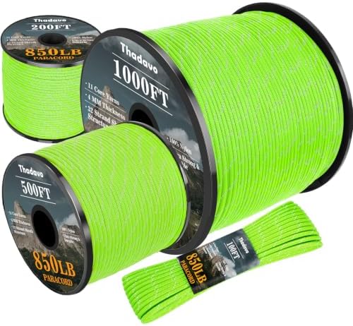 Reflective Paracord Rope 850Ib, 50/100/200/500/1000ft 4MM 11 Strand Parachute by Thadavo