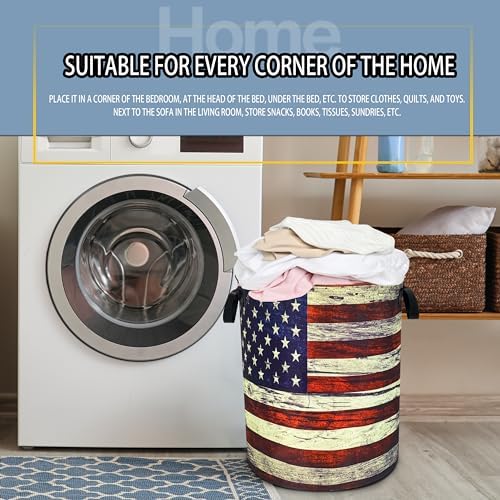 Retro American Flag Laundry Basket Foldable Waterproof Hamper 18.9x16.5 In - Image 7