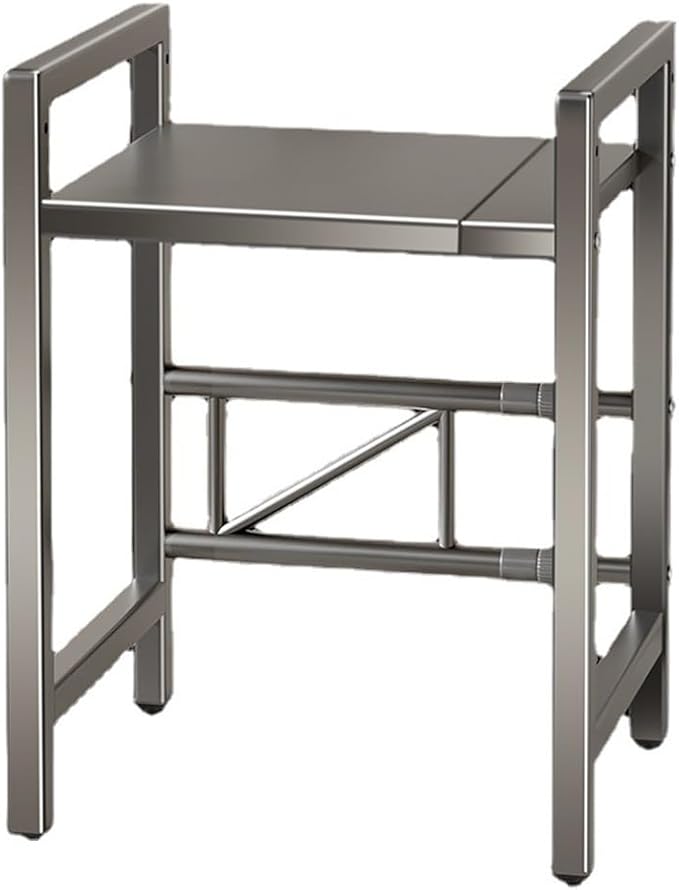 2-Tier Extendable Microwave Oven Rack with 8 Hooks, Adjustable Microwave/Toaster Shelf, Microwave Stand with Storage, Retractable Kitchen Countertop, for Kitchen Shelves Counter Top Organizer