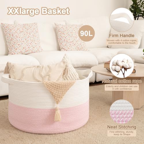 OIAHOMY 90L XXXLarge Blanket Basket Living Room Laundry Basket White&Pink - Image 4