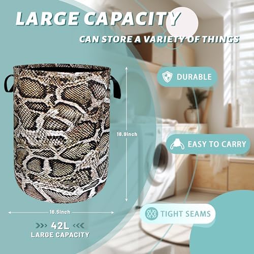 Snake Printed Laundry Basket Oxford Cloth Foldable Hamper 18.9x16.5 Inch - Image 2
