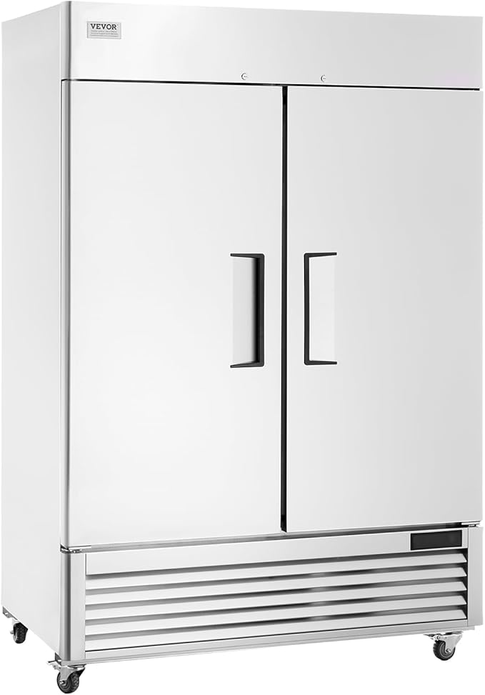 VEVOR Commercial Refrigerator 44.21 Cu.ft, Reach In 54.4" W Upright Refrigerator 2 Doors, Auto-Defrost Stainless Steel Reach-in Refrigerator with 8 Shelves, 33 to 41℉ Temp Control, LED Light, 4 Wheels