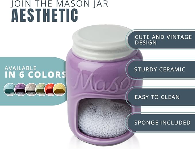 Comfify Purple Mason Jar Ceramic Sponge Holder – Farmhouse Sink Caddy - Image 2
