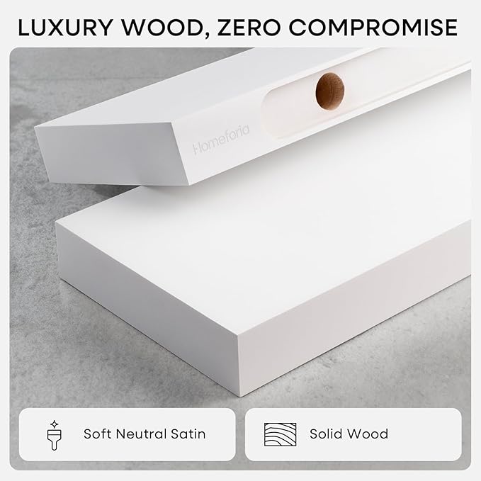 Homeforia White Floating Shelves 16 inch, High End Solid Real Wood 16inch Bathroom Floating Shelf for Wall Mounted, White Wooden 16 Floating Shelves, Heavy Duty Bracket, 16 X 6.5 X 1.75 inch, Set of 4