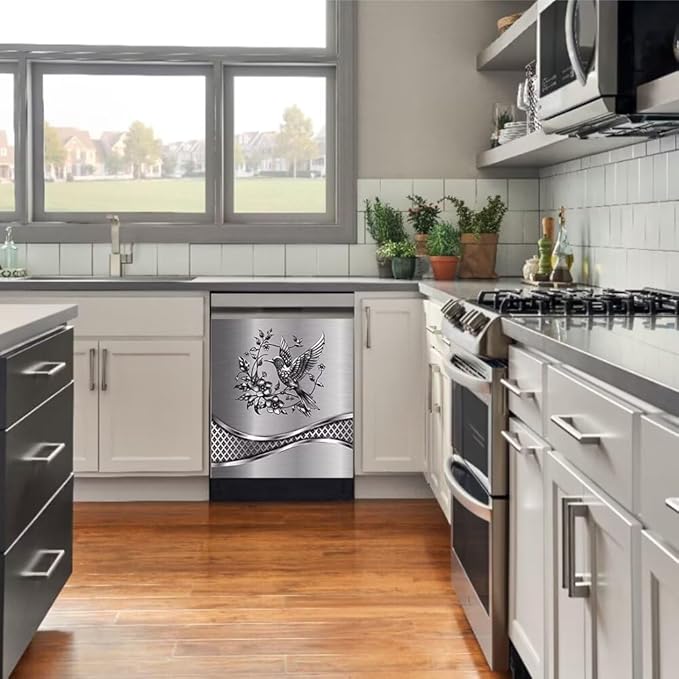 Imitation Stainless Steel Design Bird Pattern Dishwasher Magnet Cover Panel Magnetic Refrigerator Cover Sticker for The Front Door Cover,23W x 26H inchs