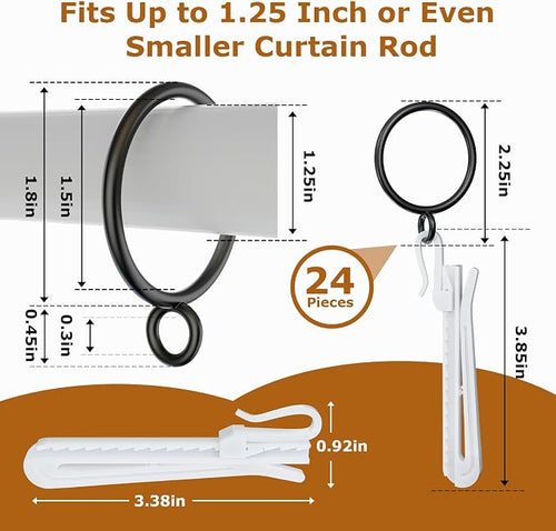 1.5 Inch Curtain Rings with Hooks, 24 Pack Black Metal Drapery Rings with Pins - Image 2