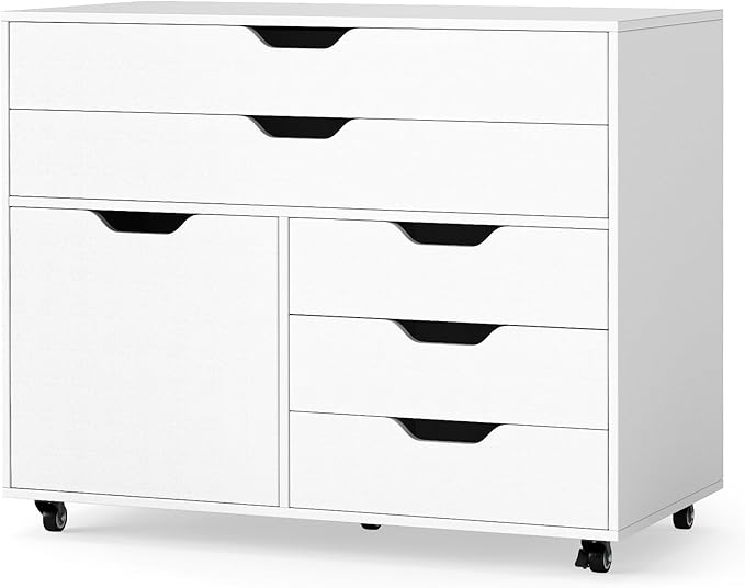 File Cabinet, White Filing Cabinet w/Universal Wheels, Wood Printer Stand w/Storage, Rolling File Cabinets for Home Office, Living Dining Room (White, 2 Large Drawers & 3 Small Drawers)
