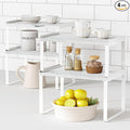 White Marble Kitchen Counter Shelf Organizer, Modern Dish Plate Organizer for Cabinet Space Saver, Small Wood Stackable 2 Tier Office Desktop Shelf Risers for Books Monitor - Set of 4