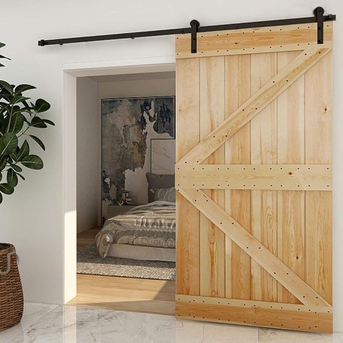 CCJH 14FT Single Sliding Barn Door Hardware Kit Black Carbon Steel Hanger Flat Track System for Closet Kitchen 1 Door 84 inch Wide, Smoothly and Quietly I Shape Roller