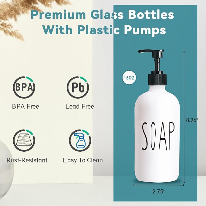 COHOSEGE Glass Soap Dispenser Set 2 Pack, 16 Oz Hand Soap Dispenser - Image 4