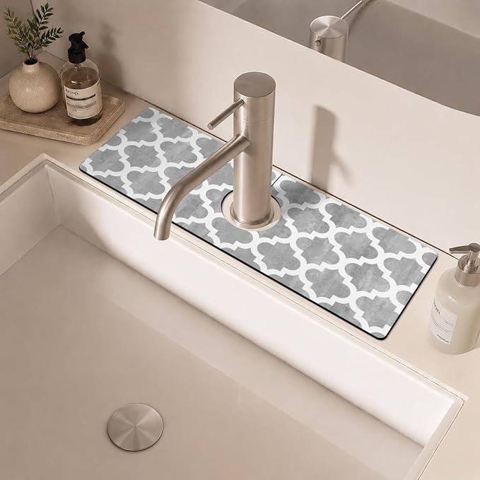 Modern Moroccan Grey Stripe Kitchen Sink Splash Guard Faucet Mat, Faucet - Image 6