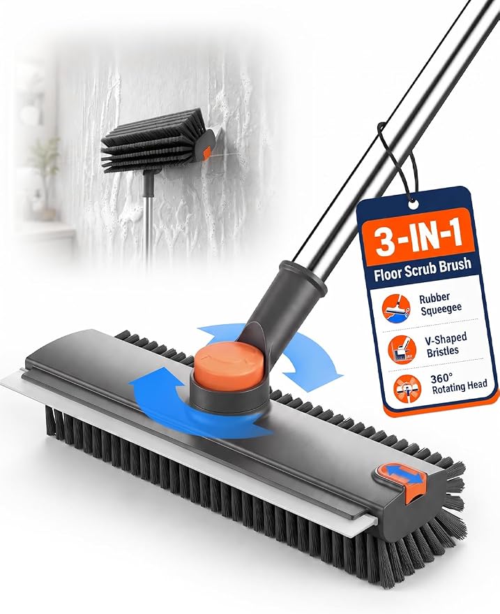 Floor Scrub Brush with Long Handle, 3-in-1 with Squeegee & Stiff Bristles | by TidyMonster