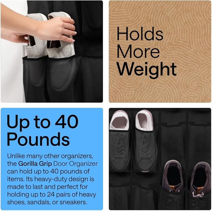 GORILLA GRIP Over the Door Shoe Organizer, 24 Large Pockets, Space Saving - Image 3