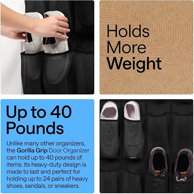 GORILLA GRIP Over the Door Shoe Organizer, 24 Extra Large Pockets, Space Saving - Image 3